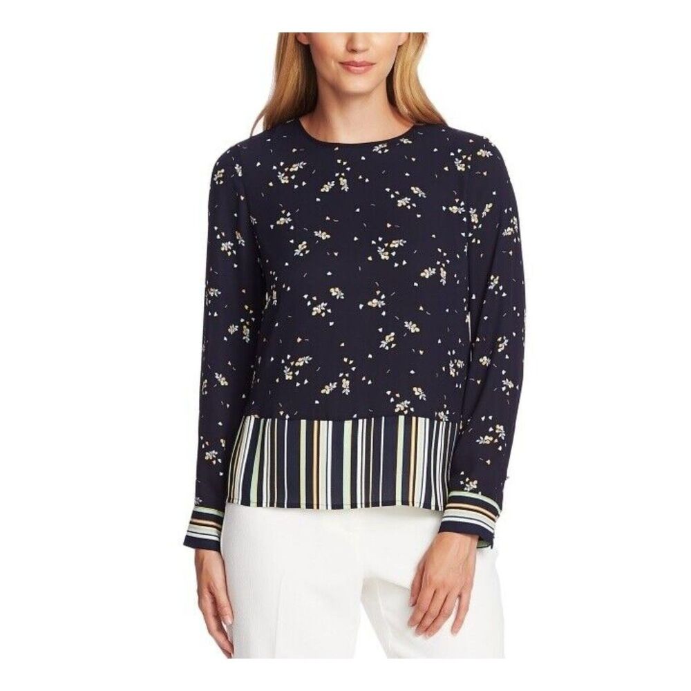 Vince Camuto Women's XS Whimsical Petal Stripe Hem Top Long Sleeve Shirt Floral